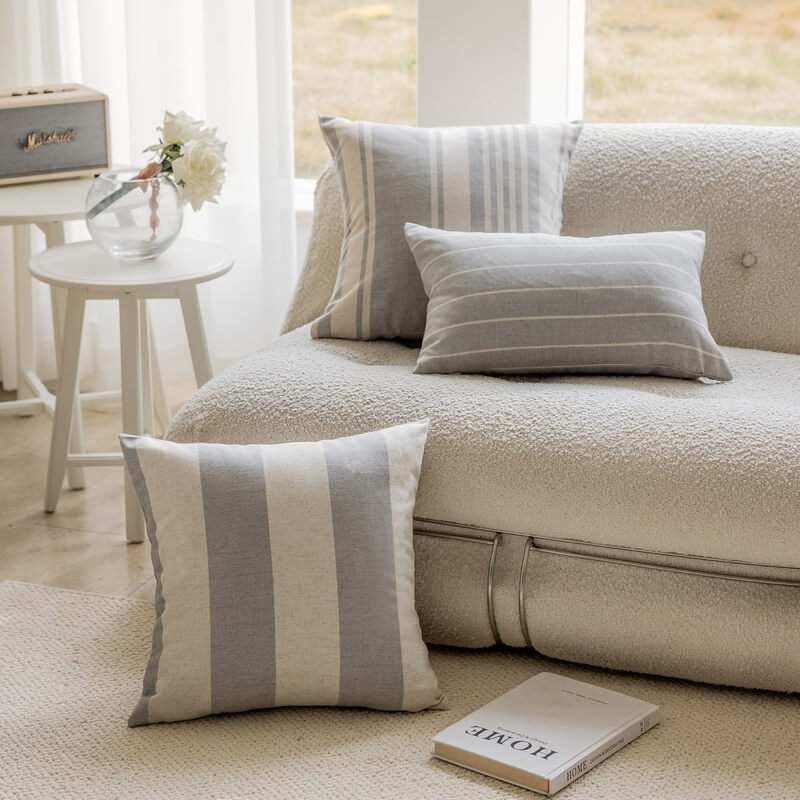 Cushion Cover with Grey Linen with Wide Stripes, Natural Elegance for Sofas and Beds.