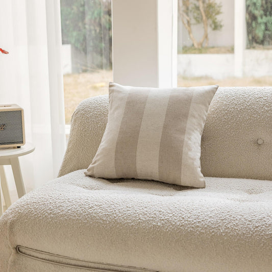 Beige Linen Cushion Cover with Wide Stripes, Natural Elegance for Sofas and Beds.