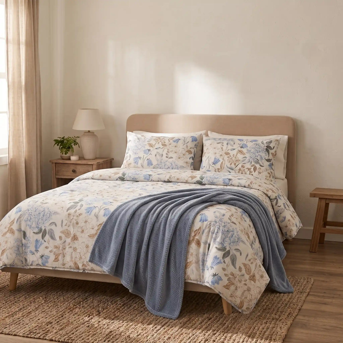 Vista lateral de una cama decorada con un edredón de entretiempo estampado natural, destacando cómo viste el colchón y aporta luz a la habitación.