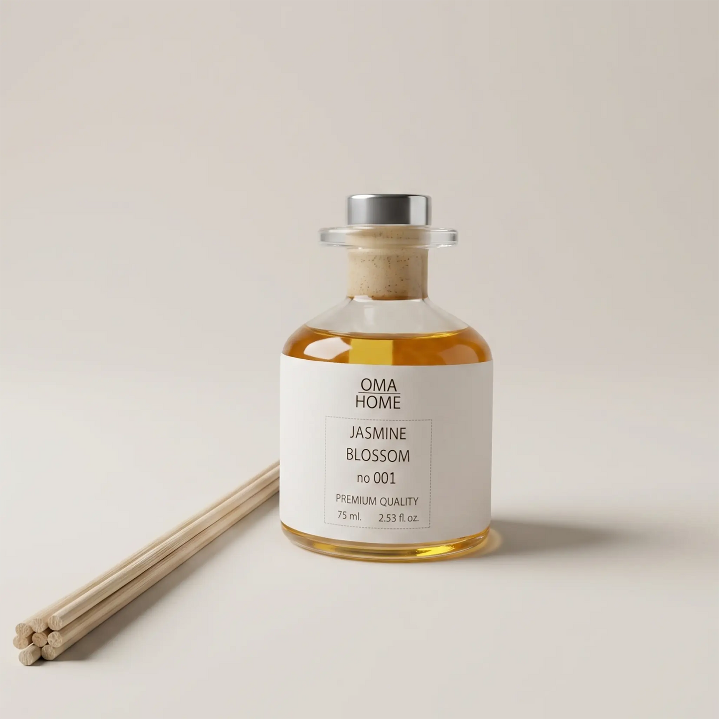 Mikado aromático Jasmine Blossom de Omahome con difusor de sticks. Base natural floral sin alcohol fabricada en Barcelona, España.