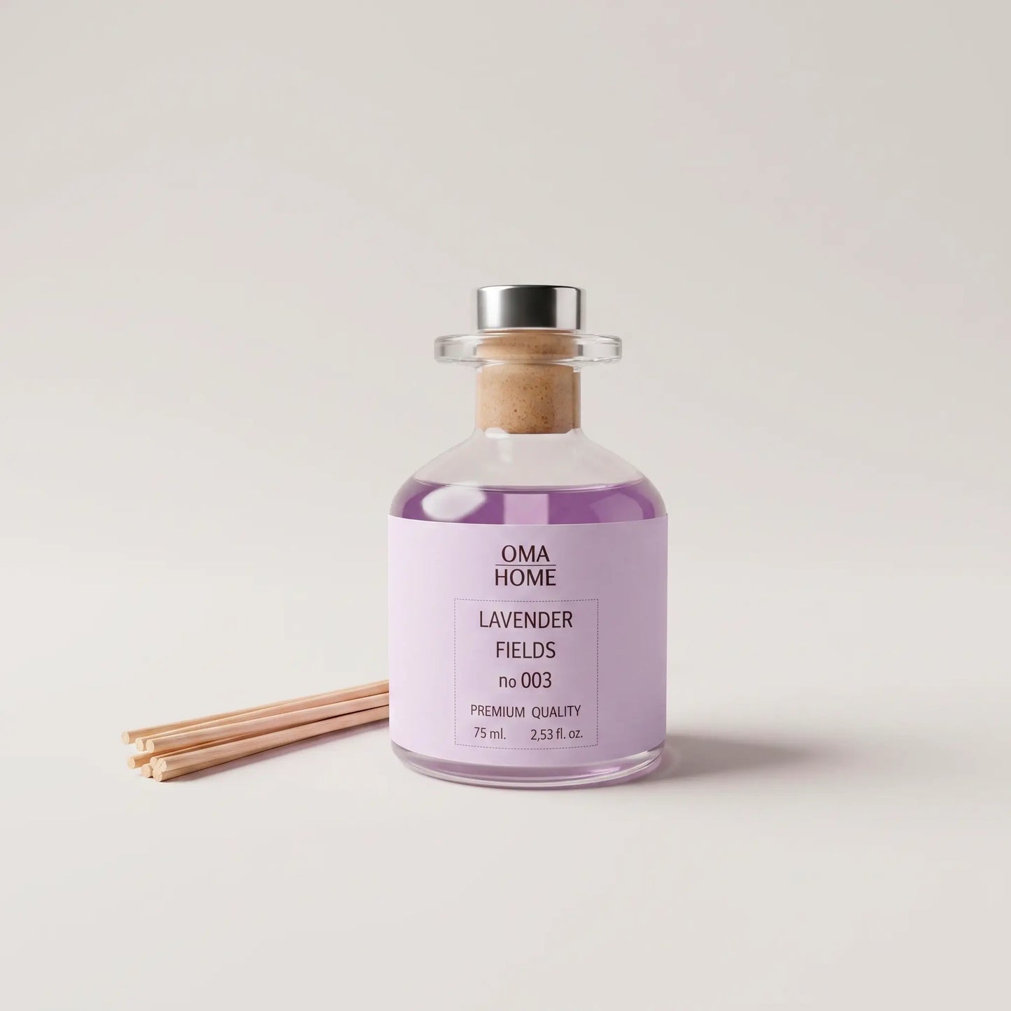 Mikado aromático Lavender Fields de Oma Home con difusor de sticks de 75ml y palitos incluidos. Base natural sin alcohol fabricada en Barcelona, España.
