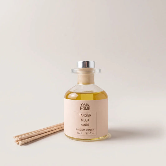 Mikado cerrado del olor Tangier Musk de Oma Home con palitos incluidos. Base natural sin alcohol fabricada en Barcelona, España.