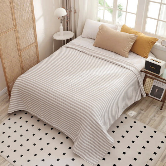 Jacquard Bedspread Beige White Stripes - Summer Cotton
