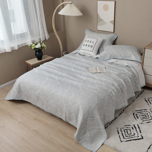 Summer quilt 100% cotton, Jacquard with leaves. Light grey color