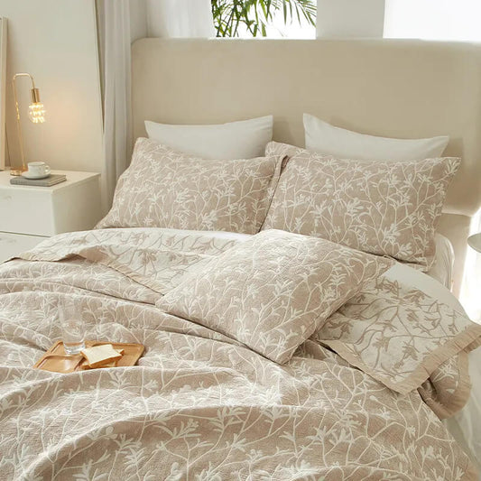Beige Cotton Jacquard Summer Quilt, Botanical Design – Premium Quality.