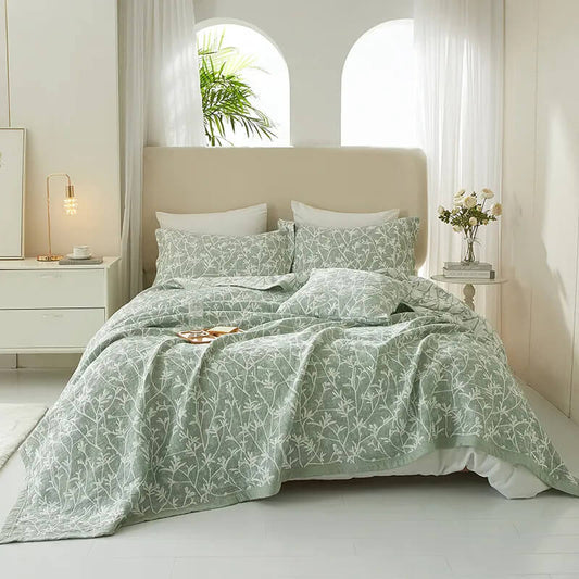 Green Cotton Jacquard Summer Quilt, Botanical Design – Premium Quality.