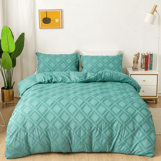 Turquoise duvet cover with embossed rhombuses, modern and extra soft.