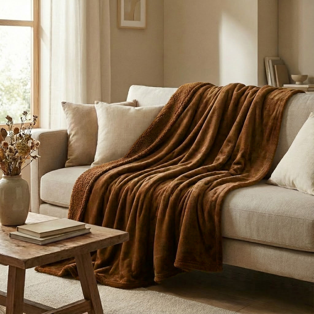 Manta borreguito reversible color marrón, con cara polar suave y borreguito del mismo color, disponible en 150x200 y 200x230 cm.