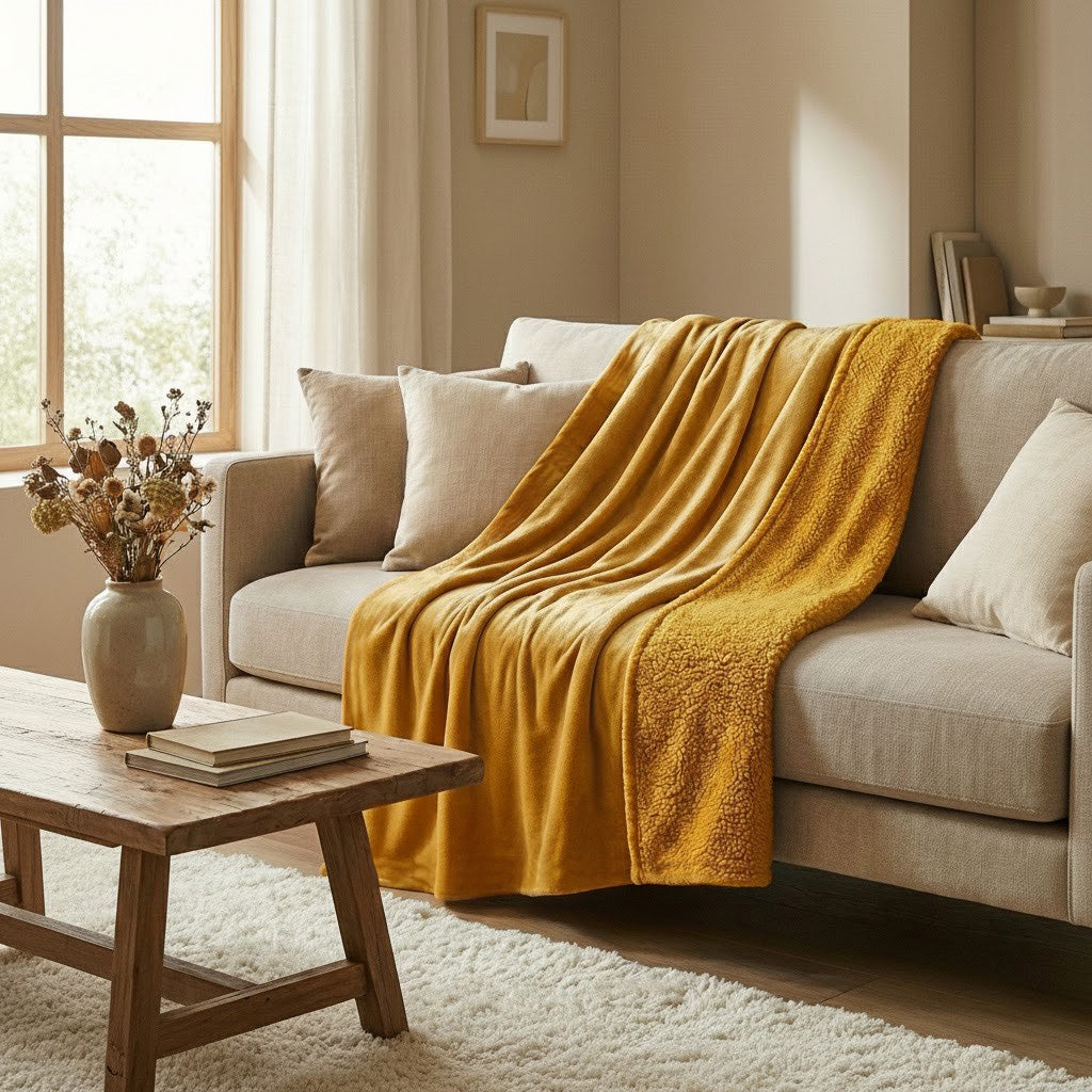 Manta borreguito reversible color mostaza, con cara polar suave y borreguito del mismo color, disponible en 150x200 y 200x230 cm.
