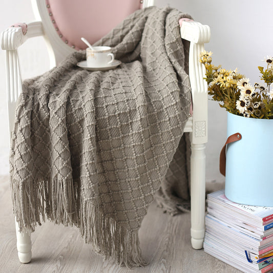 Manta de punto con flecos. Color beige oscuro. - Oma Home