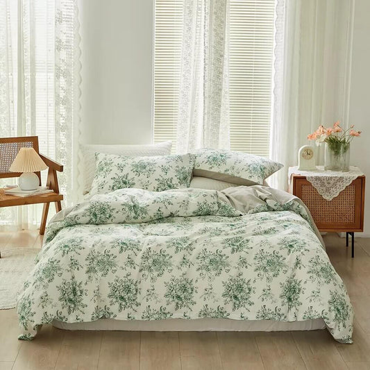 Green flower duvet cover with reversible print, 100% Cotton.