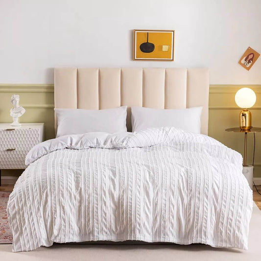 White Duvet Cover with raised stripes, extra soft microfiber.