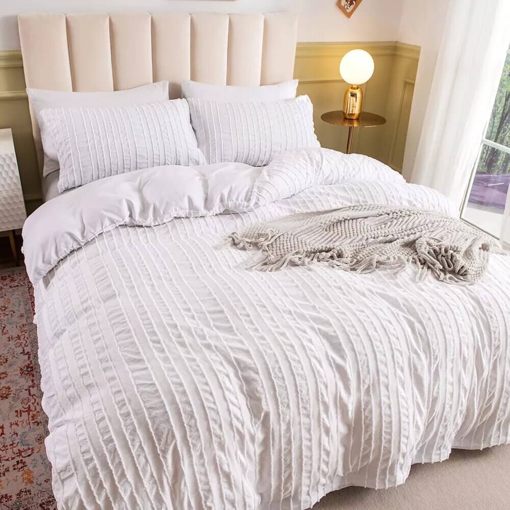 White Duvet Cover with raised stripes, extra soft microfiber.