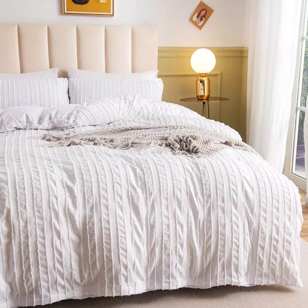White Duvet Cover with raised stripes, extra soft microfiber.