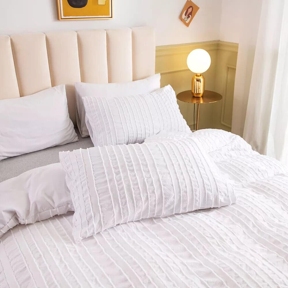 White Duvet Cover with raised stripes, extra soft microfiber.