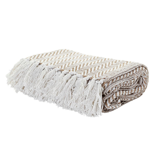 Manta Plaid 100% Algodón Zigzag. Color Camel. - Oma Home